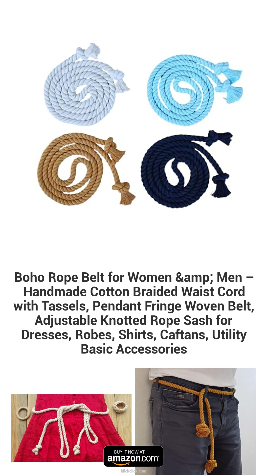 Boho Rope Belt for Women & Men – Handmade Cotton Braided Waist Cord with Tassels, Pendant Fringe Woven Belt, Adjustable Knotted Rope Sash for Dresses, Robes, Shirts, Caftans, Utility Basic Accessories