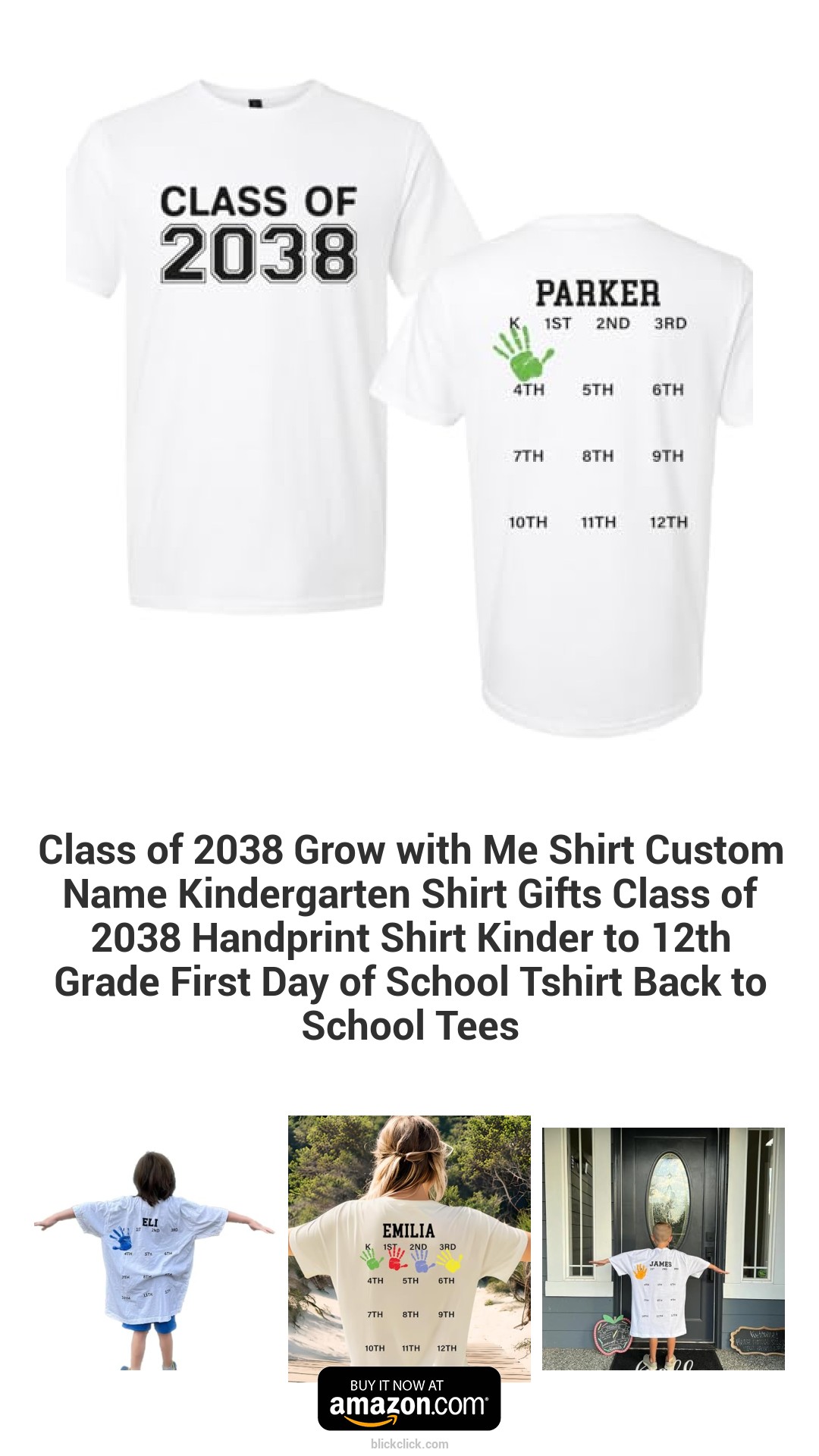 Class of 2038 Grow with Me Shirt Custom Name Kindergarten Shirt Gifts Class of 2038 Handprint Shirt Kinder to 12th Grade First Day of School Tshirt Back to School Tees