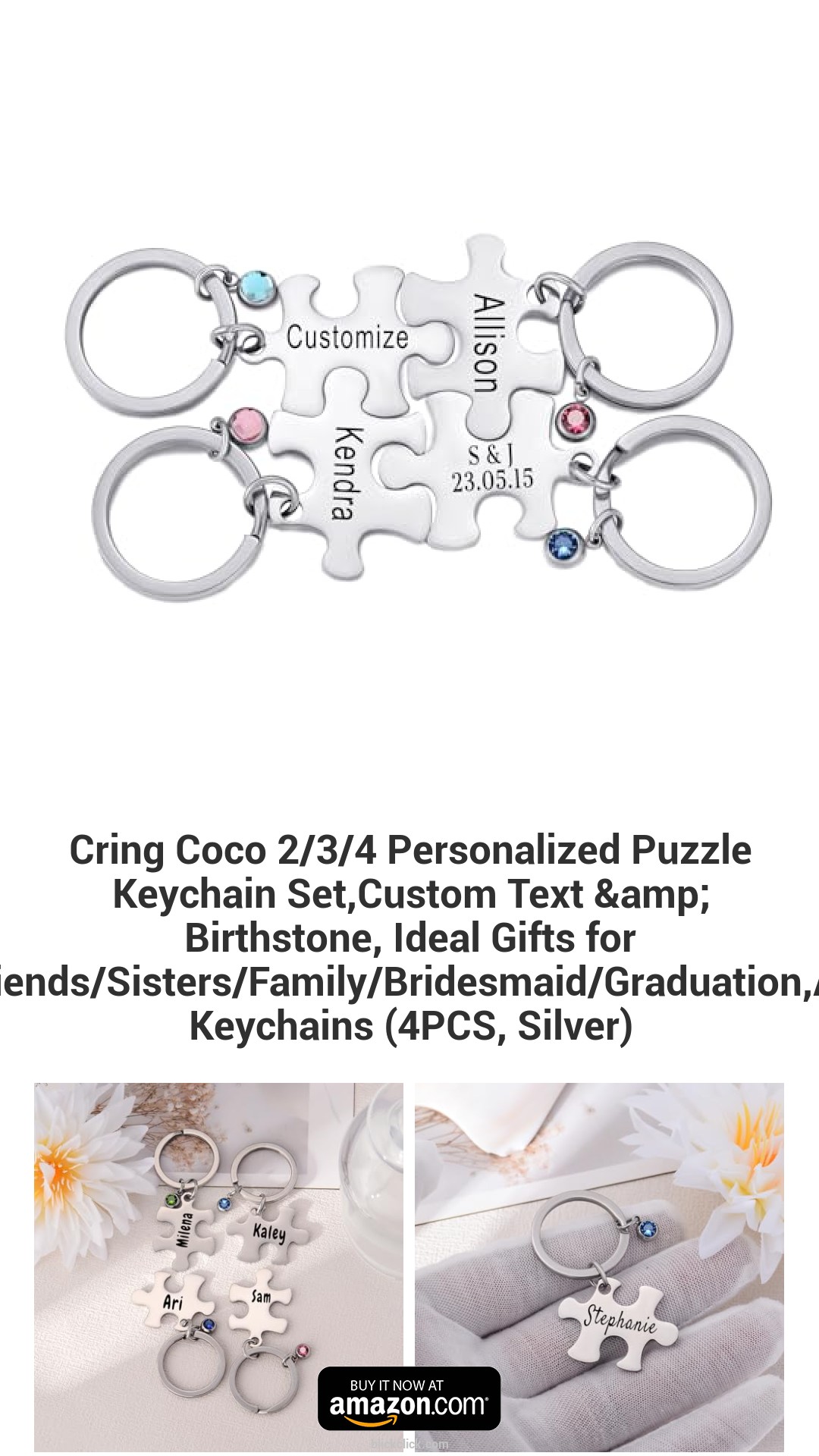 Cring Coco 2/3/4 Personalized Puzzle Keychain Set,Custom Text & Birthstone, Ideal Gifts for Couples/Friends/Sisters/Family/Bridesmaid/Graduation,Anniversary Keychains (4PCS, Silver)