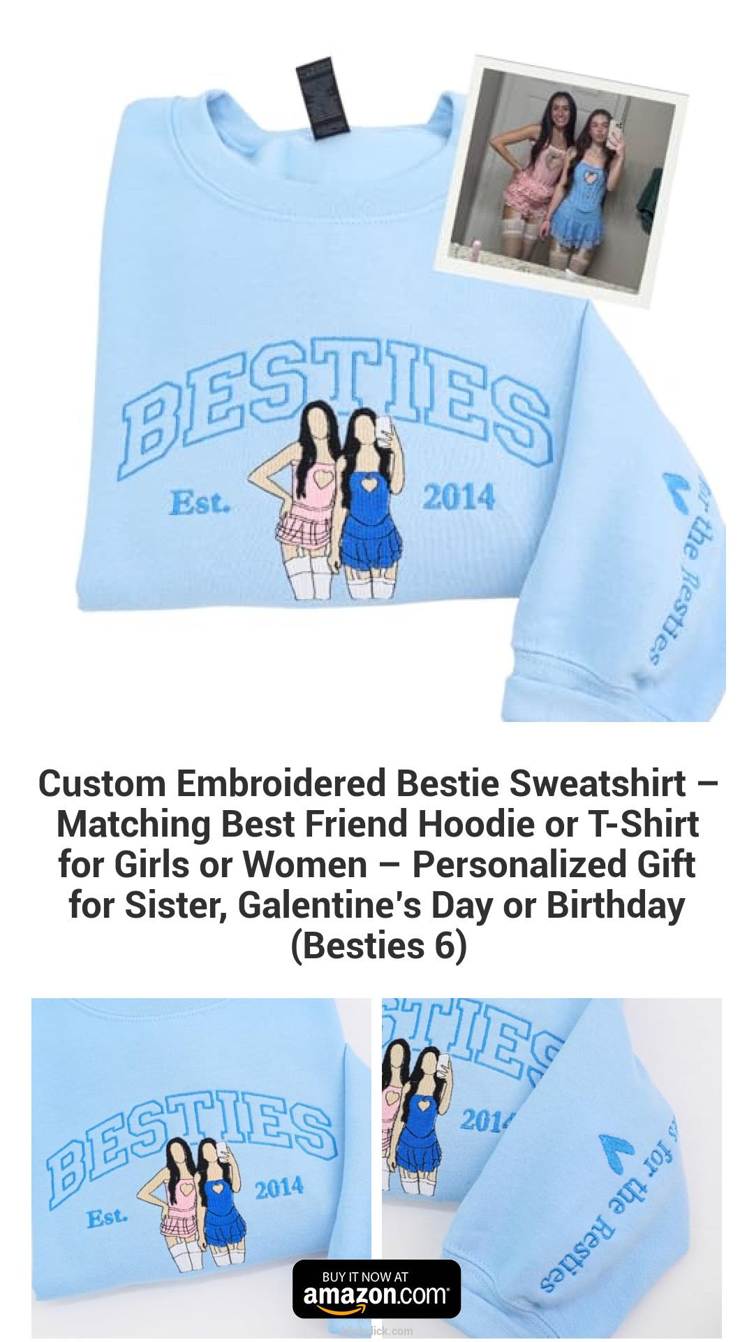 Custom Embroidered Bestie Sweatshirt – Matching Best Friend Hoodie or T-Shirt for Girls or Women – Personalized Gift for Sister, Galentine’s Day or Birthday (Besties 6)