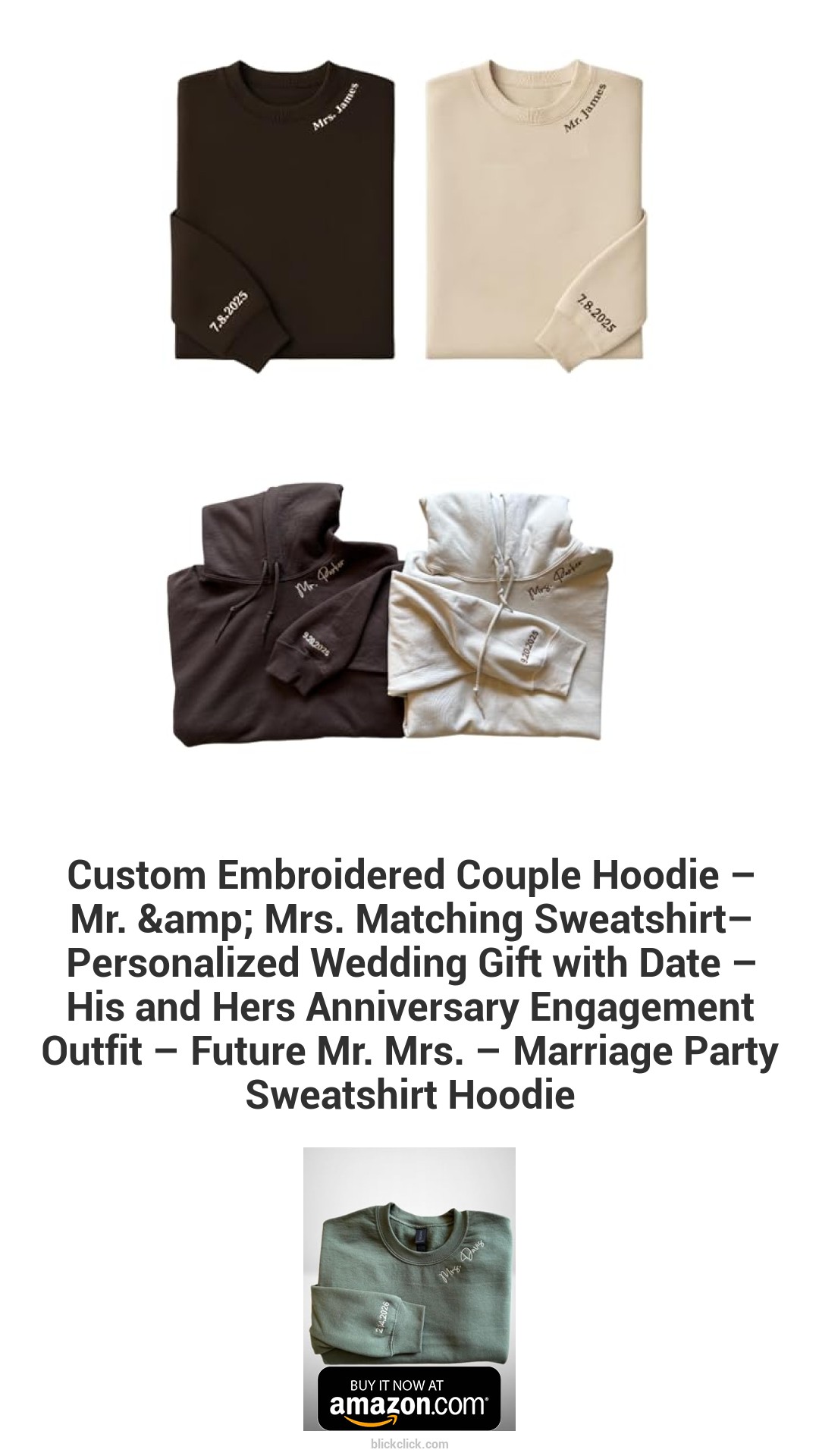 Custom Embroidered Couple Hoodie – Mr. & Mrs. Matching Sweatshirt– Personalized Wedding Gift with Date – His and Hers Anniversary Engagement Outfit – Future Mr. Mrs. – Marriage Party Sweatshirt Hoodie