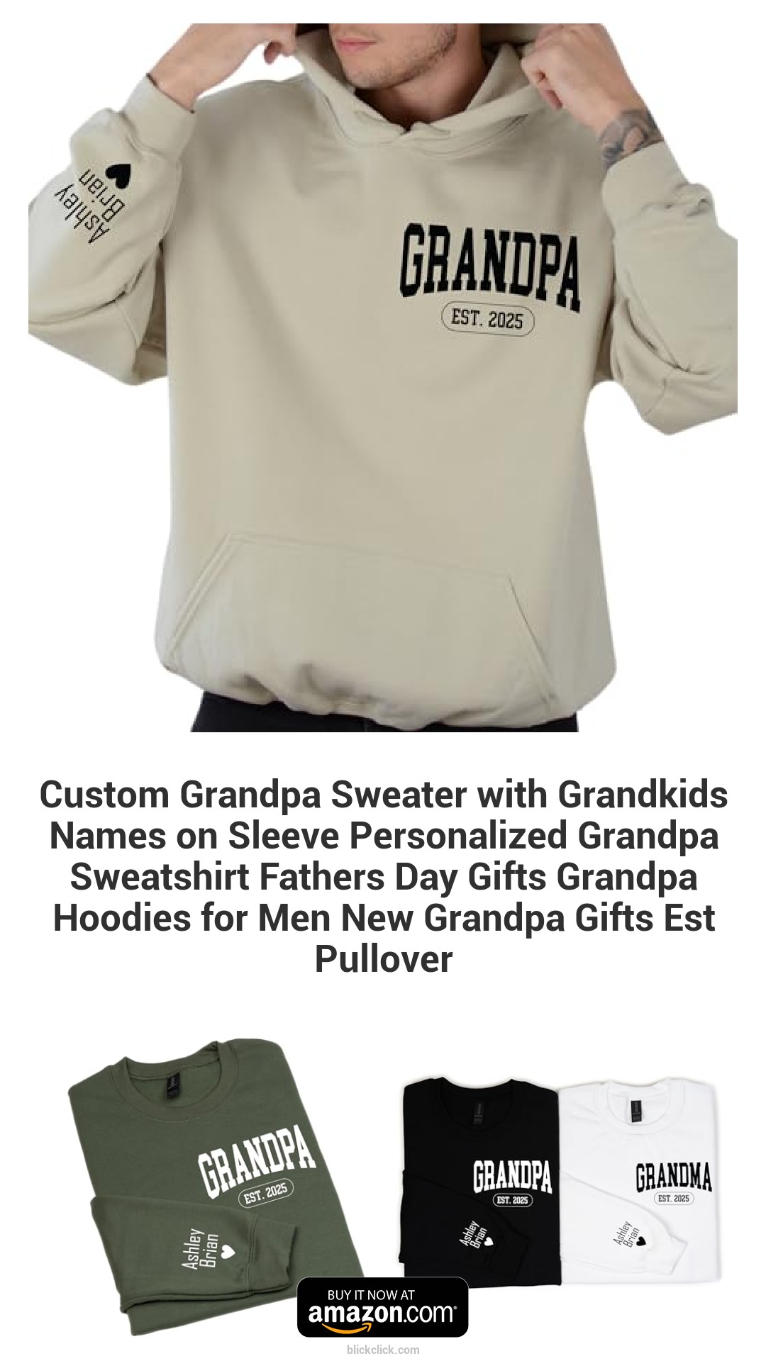 Custom Grandpa Sweater with Grandkids Names on Sleeve Personalized Grandpa Sweatshirt Fathers Day Gifts Grandpa Hoodies for Men New Grandpa Gifts Est Pullover