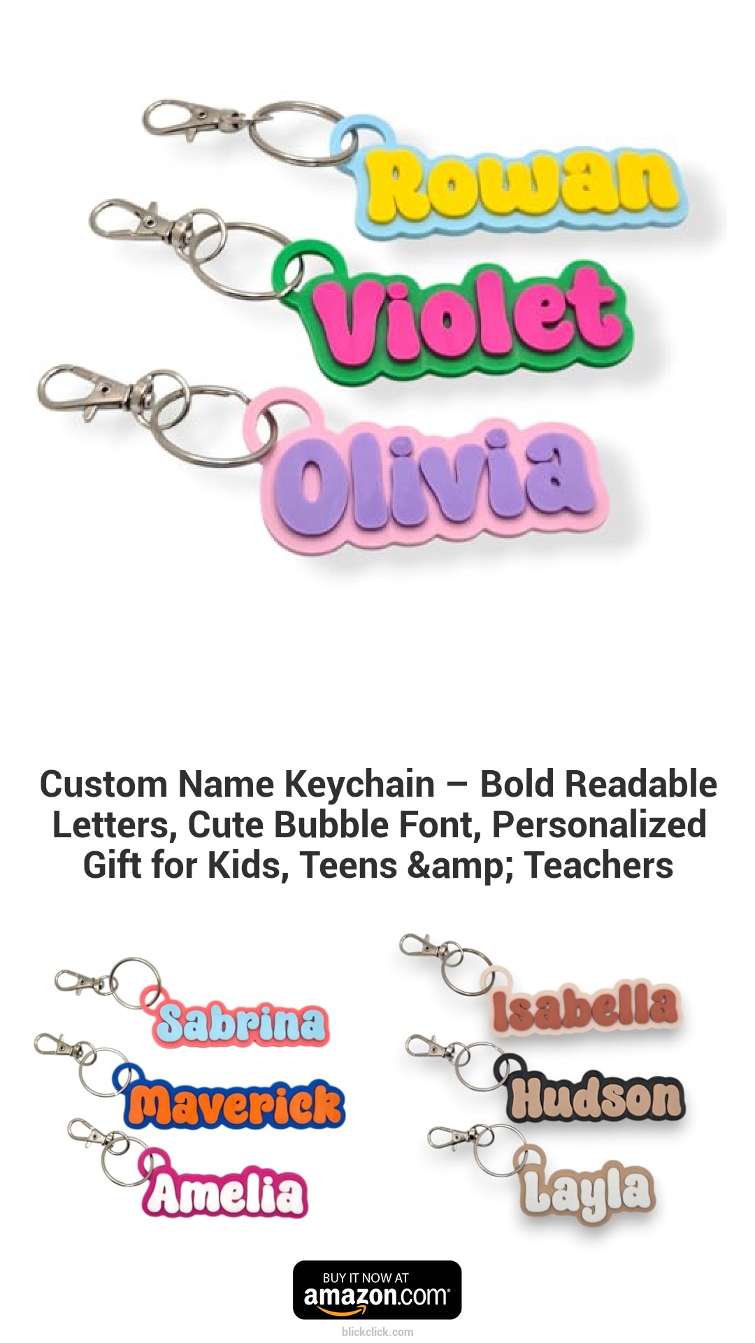 Custom Name Keychain – Bold Readable Letters, Cute Bubble Font, Personalized Gift for Kids, Teens & Teachers
