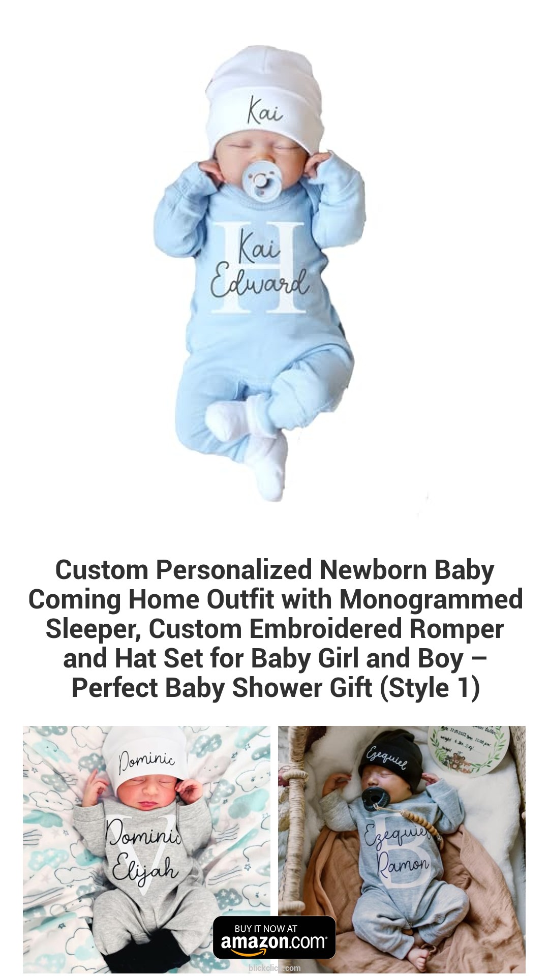 Custom Personalized Newborn Baby Coming Home Outfit with Monogrammed Sleeper, Custom Embroidered Romper and Hat Set for Baby Girl and Boy – Perfect Baby Shower Gift (Style 1)