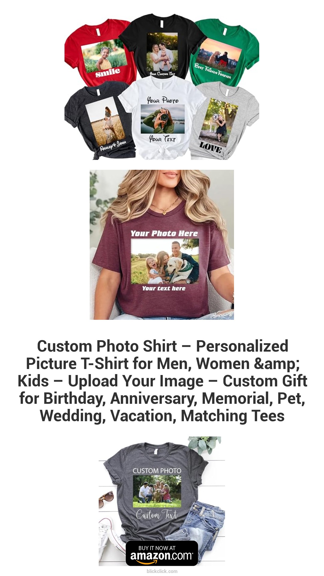 Custom Photo Shirt – Personalized Picture T-Shirt for Men, Women & Kids – Upload Your Image – Custom Gift for Birthday, Anniversary, Memorial, Pet, Wedding, Vacation, Matching Tees