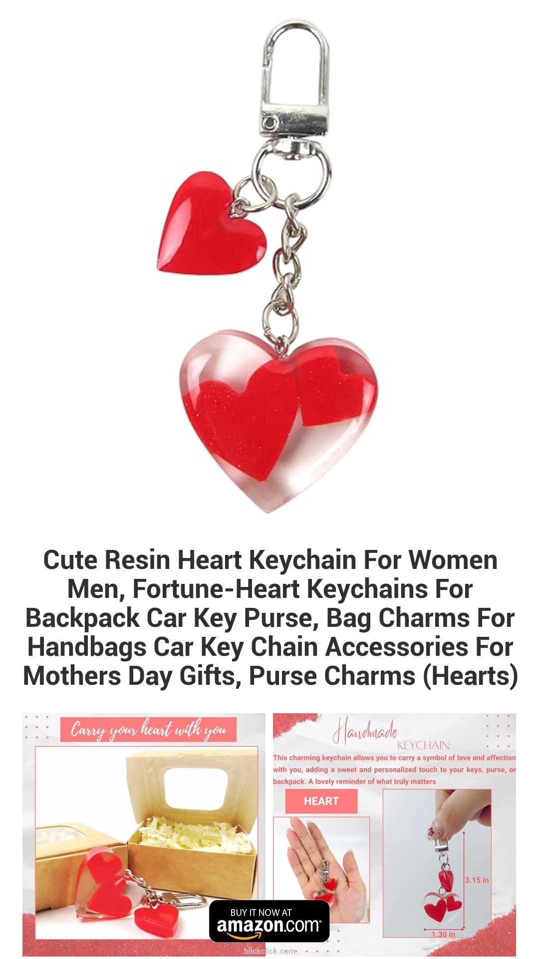 Cute Resin Heart Keychain For Women Men, Fortune-Heart Keychains For Backpack Car Key Purse, Bag Charms For Handbags Car Key Chain Accessories For Mothers Day Gifts, Purse Charms (Hearts)