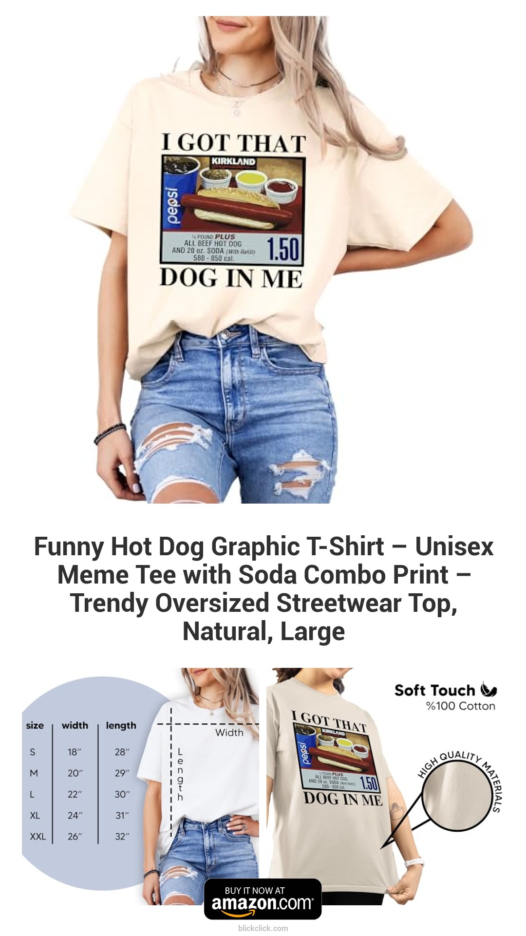 Funny Hot Dog Graphic T-Shirt – Unisex Meme Tee with Soda Combo Print – Trendy Oversized Streetwear Top, Natural, Large