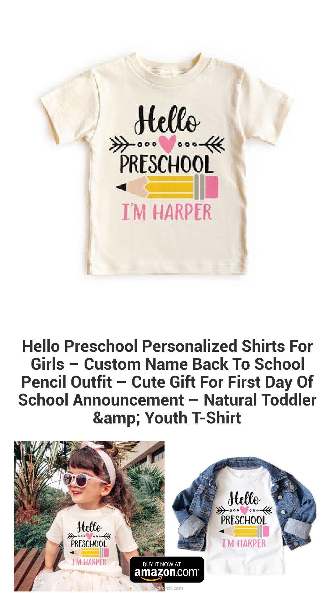Hello Preschool Personalized Shirts For Girls – Custom Name Back To School Pencil Outfit – Cute Gift For First Day Of School Announcement – Natural Toddler & Youth T-Shirt
