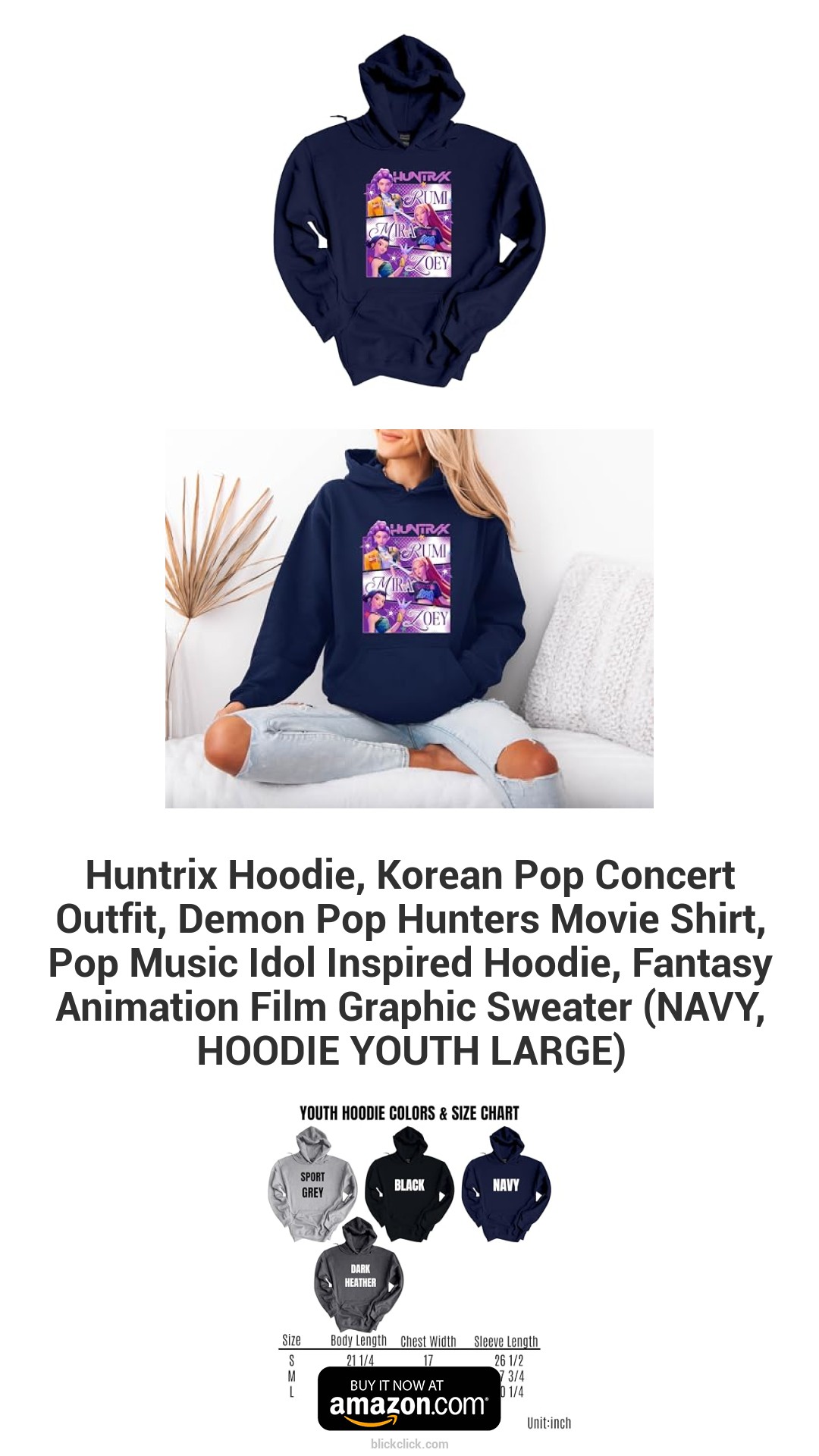 Huntrix Hoodie, Korean Pop Concert Outfit, Demon Pop Hunters Movie Shirt, Pop Music Idol Inspired Hoodie, Fantasy Animation Film Graphic Sweater (NAVY, HOODIE YOUTH LARGE)
