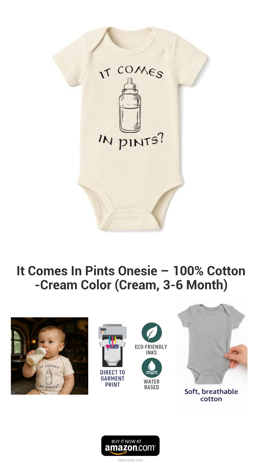 It Comes In Pints Onesie – 100% Cotton -Cream Color (Cream, 3-6 Month)