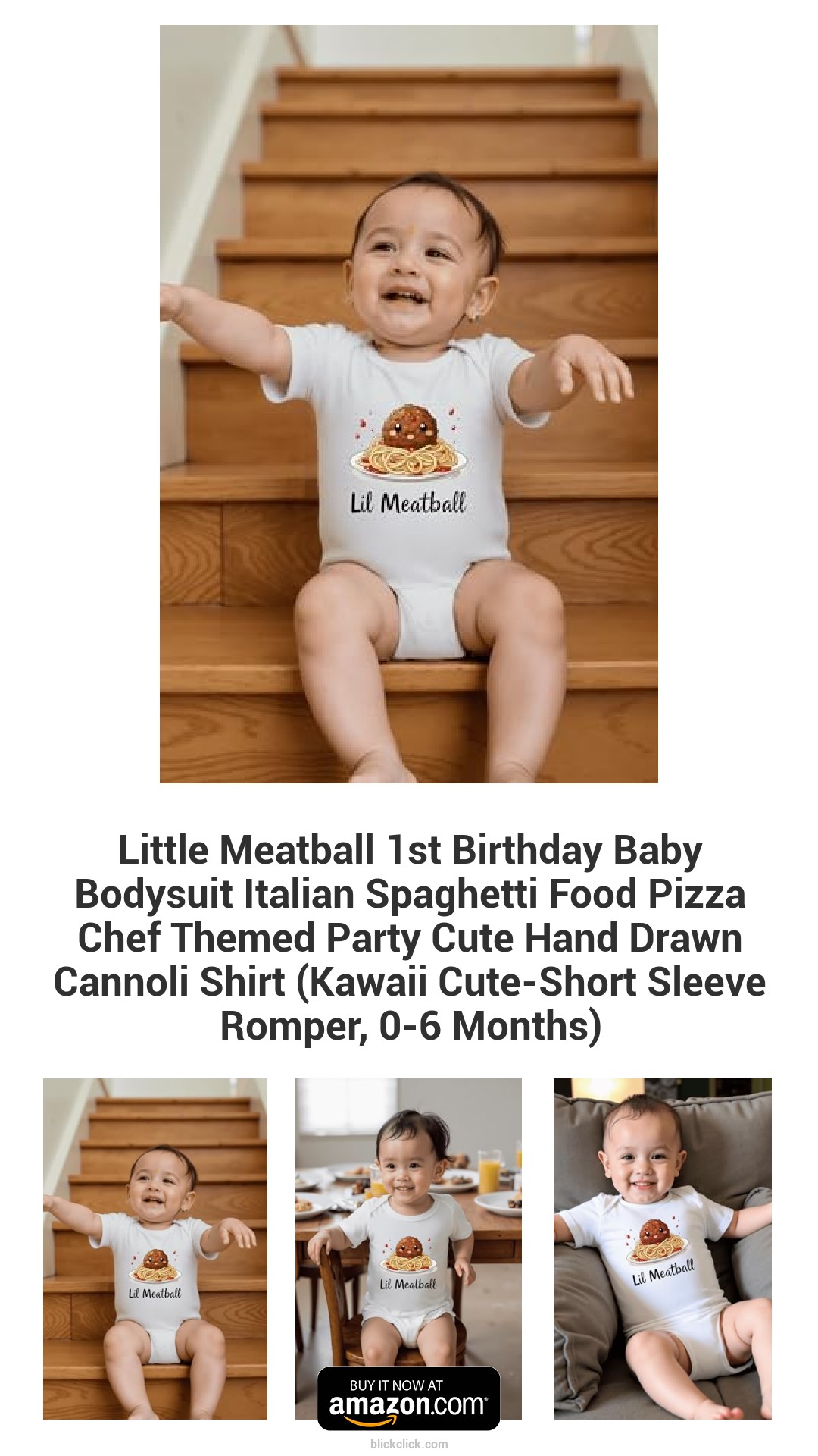 Little Meatball 1st Birthday Baby Bodysuit Italian Spaghetti Food Pizza Chef Themed Party Cute Hand Drawn Cannoli Shirt (Kawaii Cute-Short Sleeve Romper, 0-6 Months)
