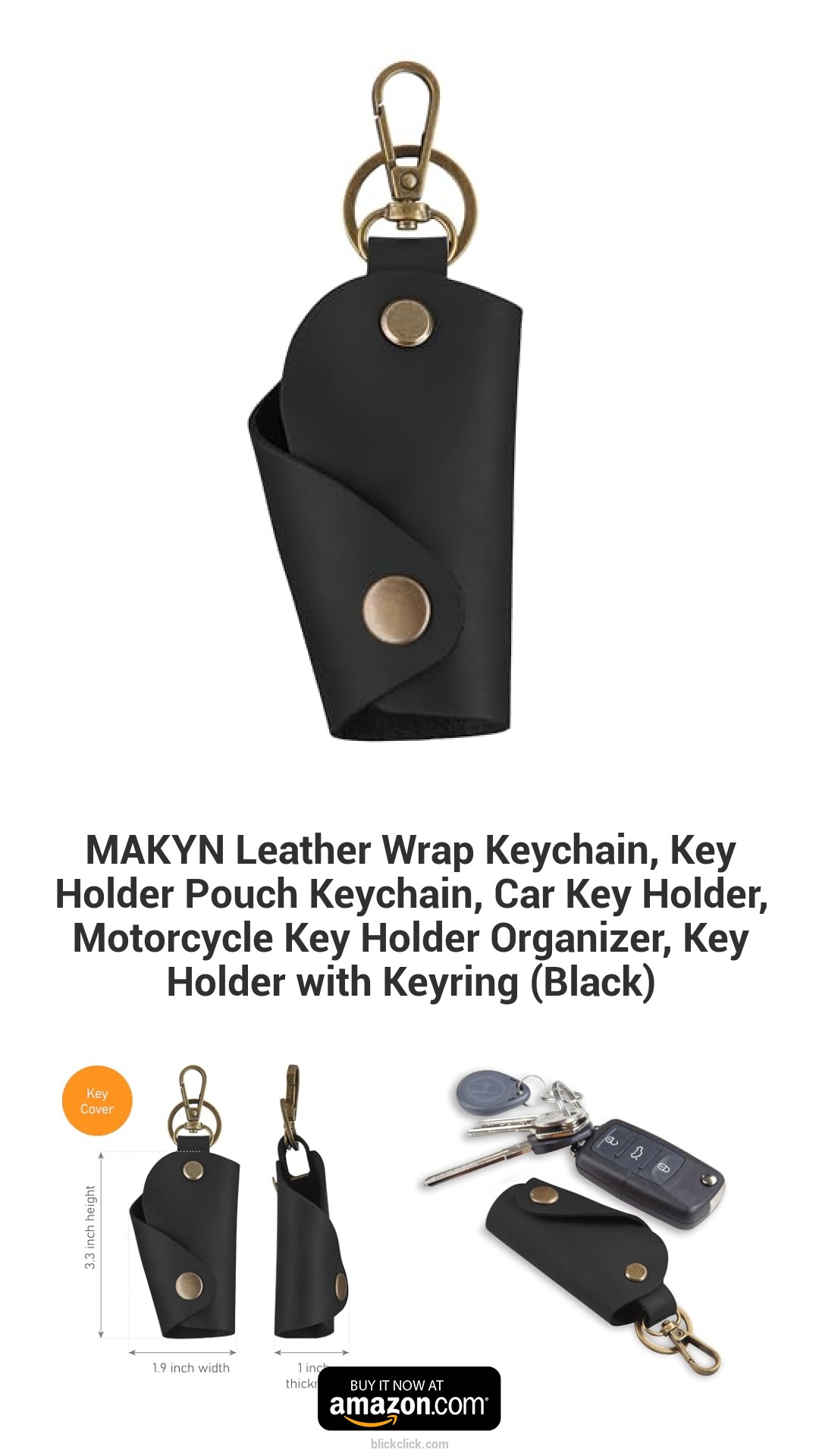 MAKYN Leather Wrap Keychain, Key Holder Pouch Keychain, Car Key Holder, Motorcycle Key Holder Organizer, Key Holder with Keyring (Black)