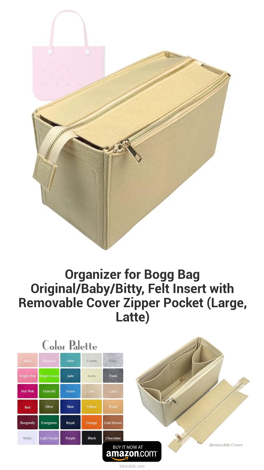 Organizer for Bogg Bag Original/Baby/Bitty, Felt Insert with Removable Cover Zipper Pocket (Large, Latte)