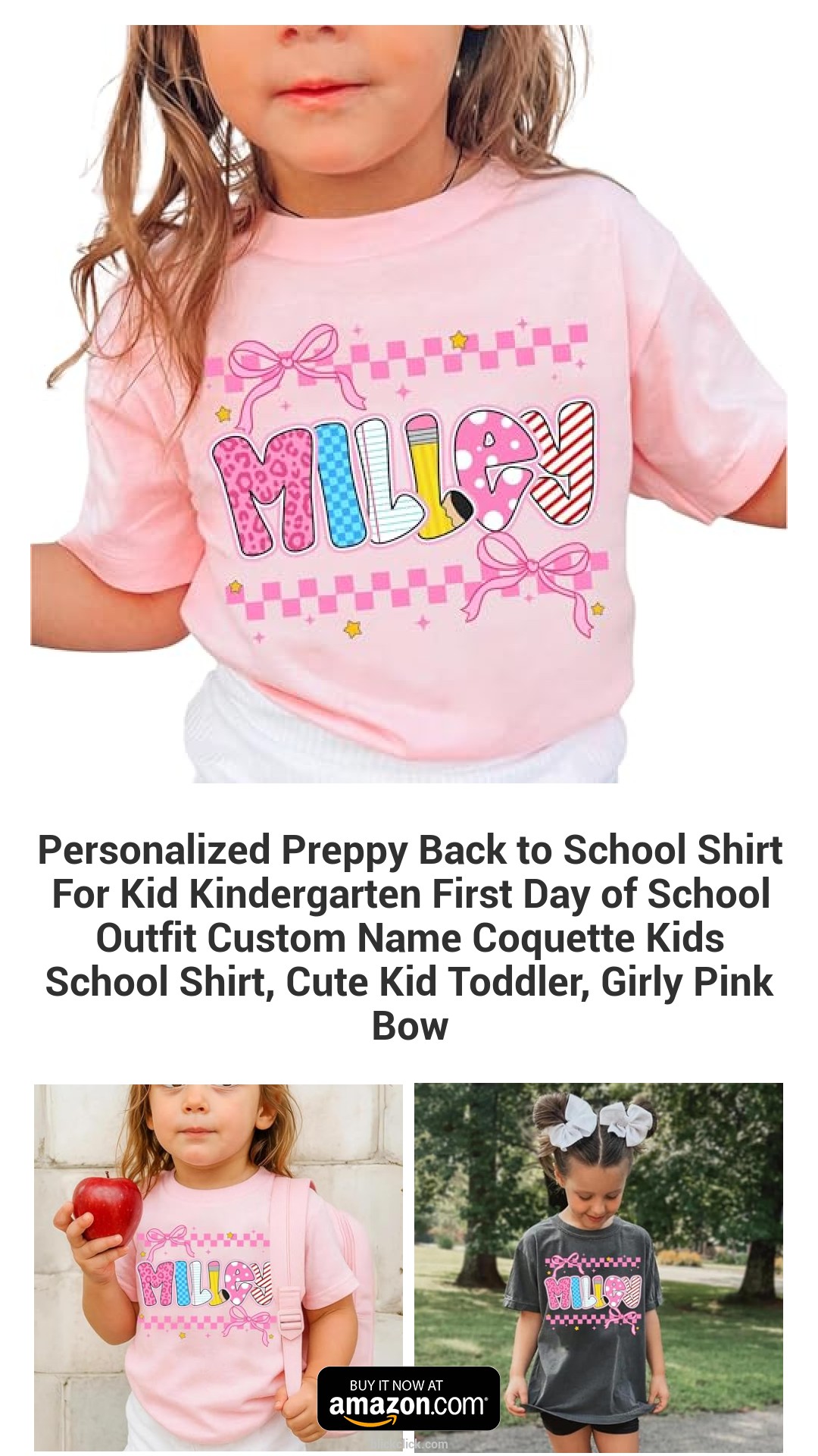 Personalized Preppy Back to School Shirt For Kid Kindergarten First Day of School Outfit Custom Name Coquette Kids School Shirt, Cute Kid Toddler, Girly Pink Bow