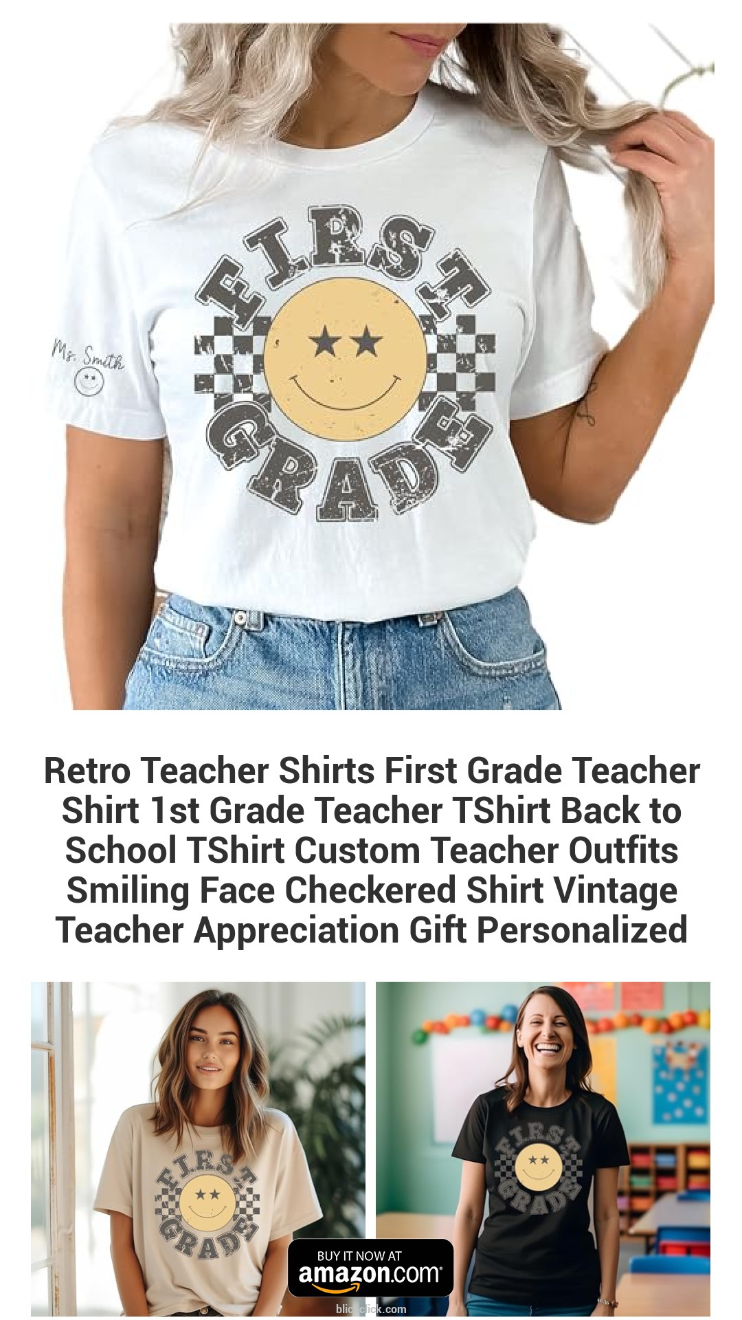 Retro Teacher Shirts First Grade Teacher Shirt 1st Grade Teacher TShirt Back to School TShirt Custom Teacher Outfits Smiling Face Checkered Shirt Vintage Teacher Appreciation Gift Personalized