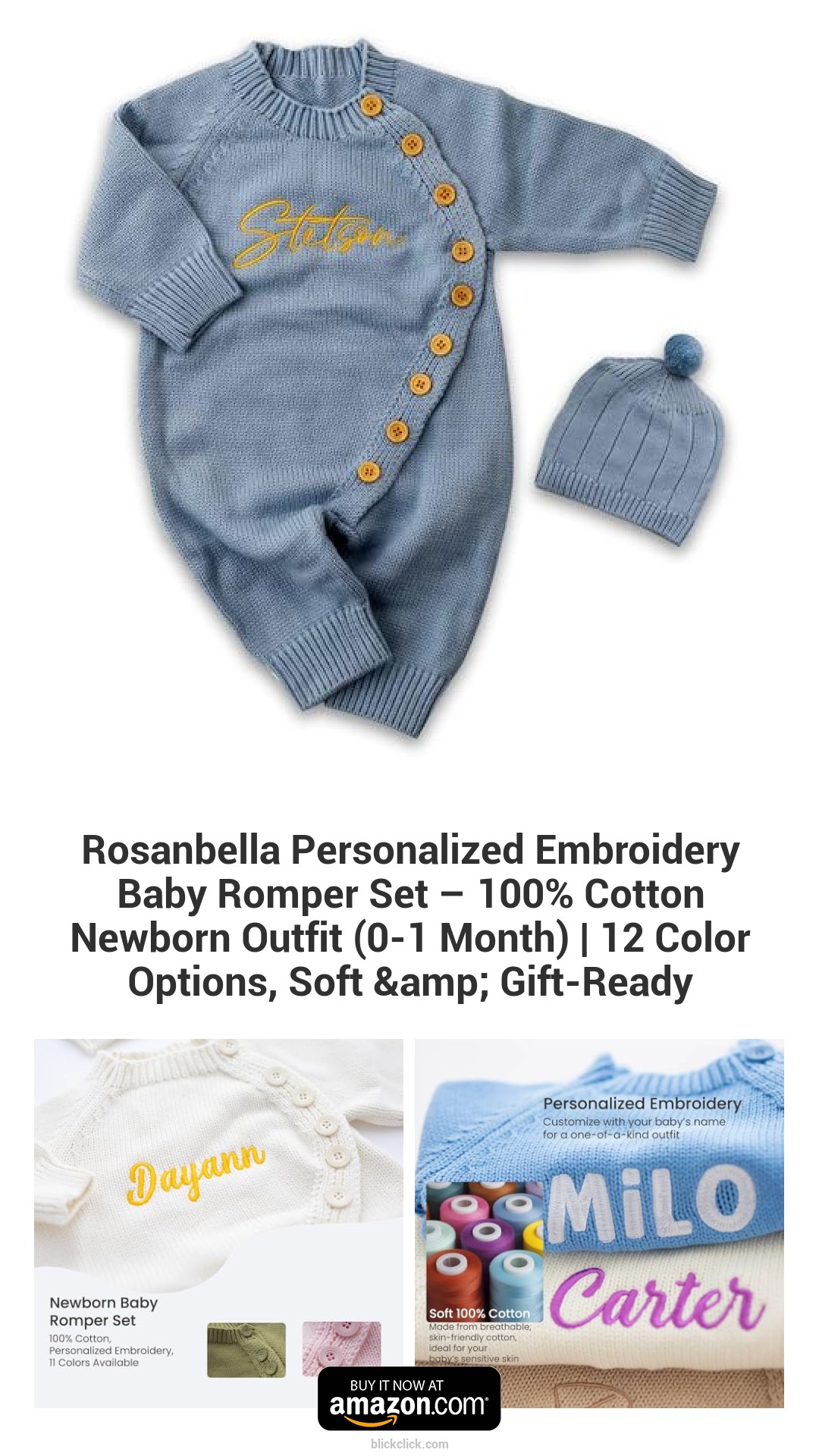 Rosanbella Personalized Embroidery Baby Romper Set – 100% Cotton Newborn Outfit (0-1 Month) | 12 Color Options, Soft & Gift-Ready