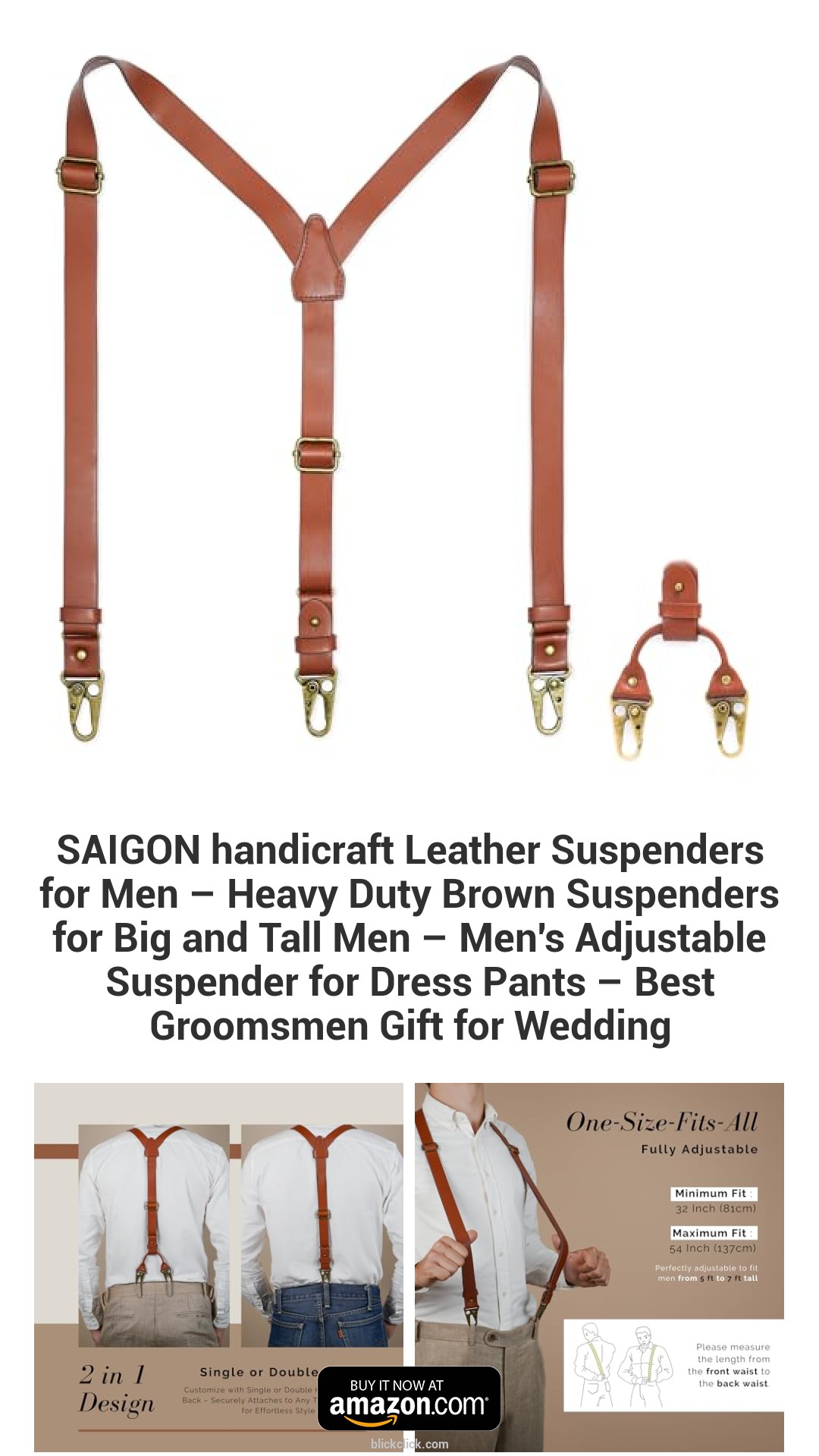 SAIGON handicraft Leather Suspenders for Men – Heavy Duty Brown Suspenders for Big and Tall Men – Men's Adjustable Suspender for Dress Pants – Best Groomsmen Gift for Wedding