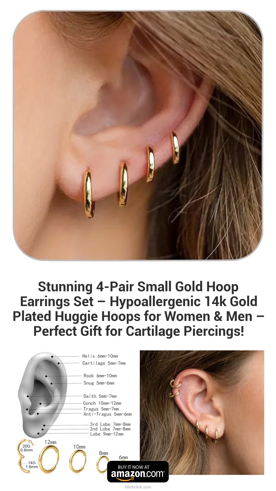 Stunning 4-Pair Small Gold Hoop Earrings Set – Hypoallergenic 14k Gold Plated Huggie Hoops for Women & Men – Perfect Gift for Cartilage Piercings!