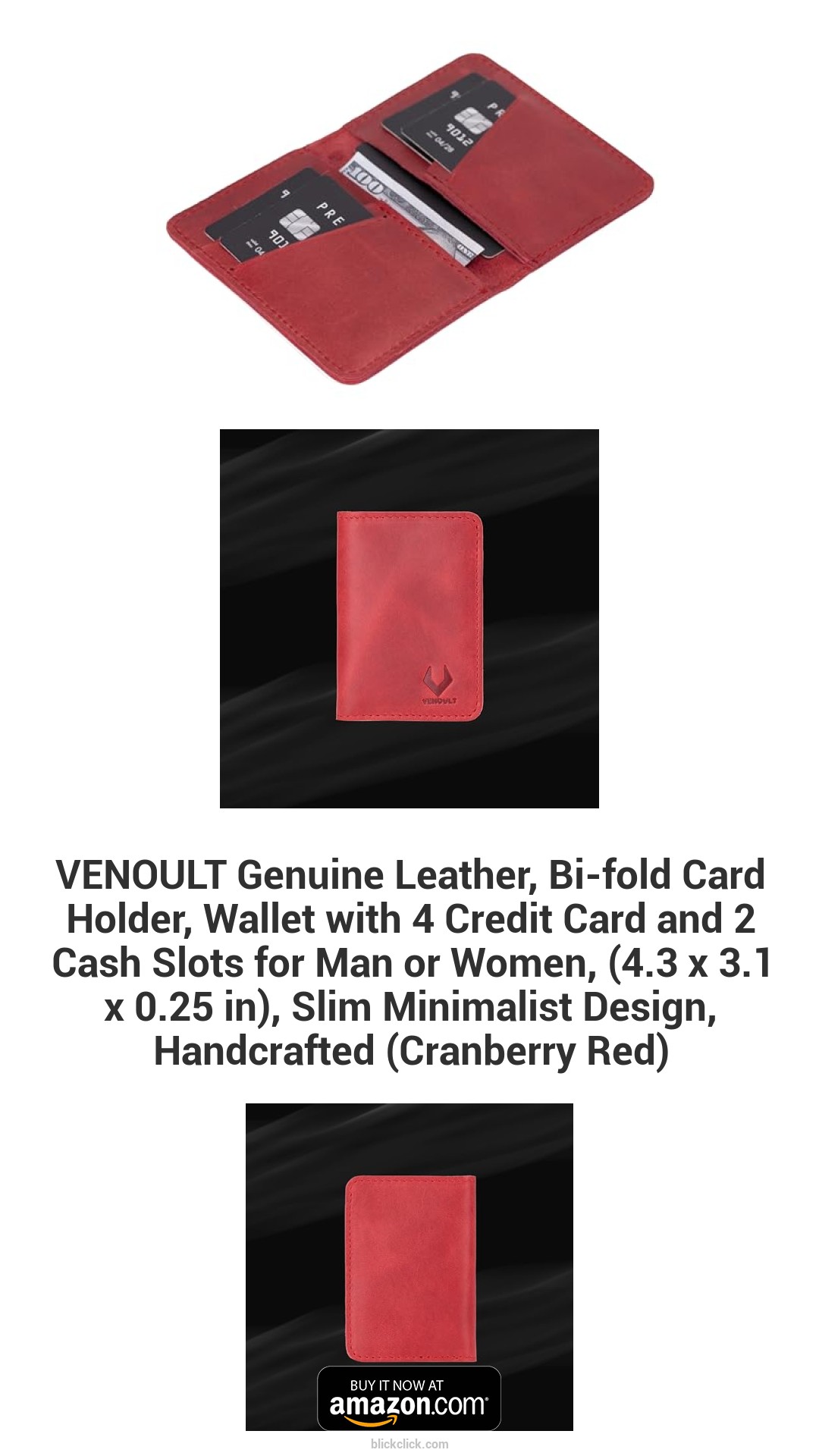 VENOULT Genuine Leather, Bi-fold Card Holder, Wallet with 4 Credit Card and 2 Cash Slots for Man or Women, (4.3 x 3.1 x 0.25 in), Slim Minimalist Design, Handcrafted (Cranberry Red)