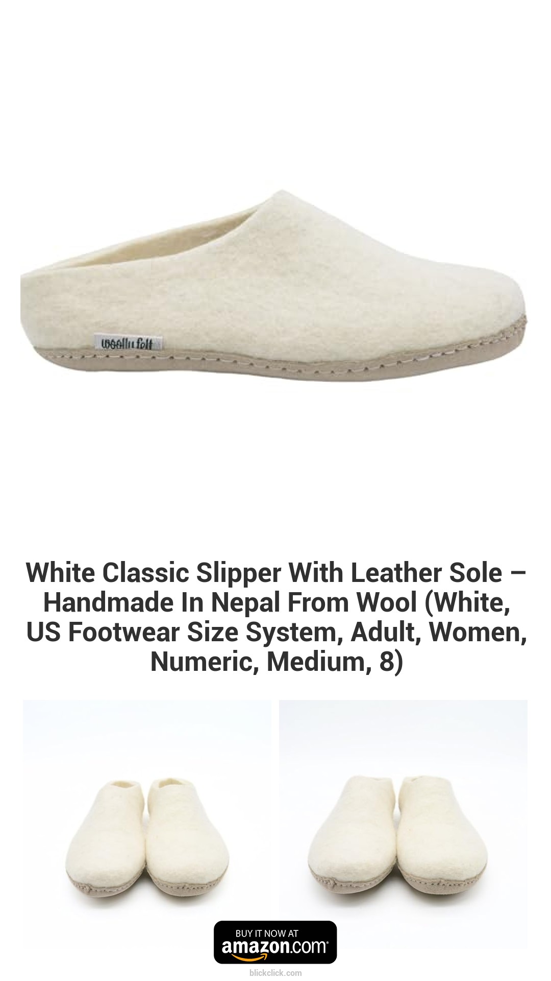 White Classic Slipper With Leather Sole – Handmade In Nepal From Wool (White, US Footwear Size System, Adult, Women, Numeric, Medium, 8)
